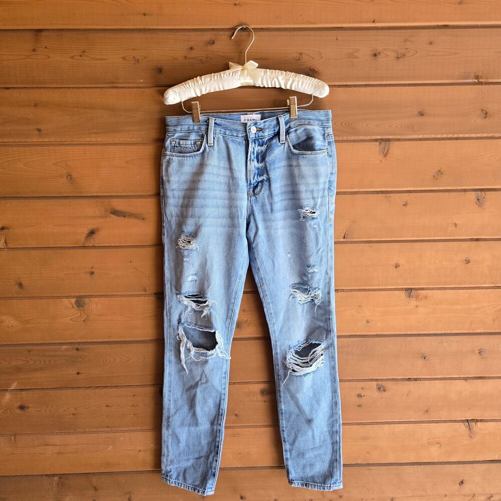 Frame Le Garcon Boyfriend Jean Distressed Natoma Wash 26 Light Blue Denim Boho - Picture 2 of 6